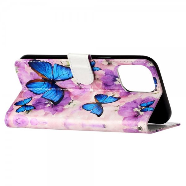 iPhone 15 Pro Max Cover Motiv Lilla Blomster Blå Sommerfugle