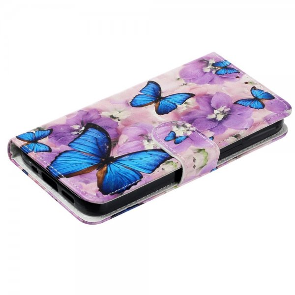 iPhone 15 Pro Max Cover Motiv Lilla Blomster Blå Sommerfugle