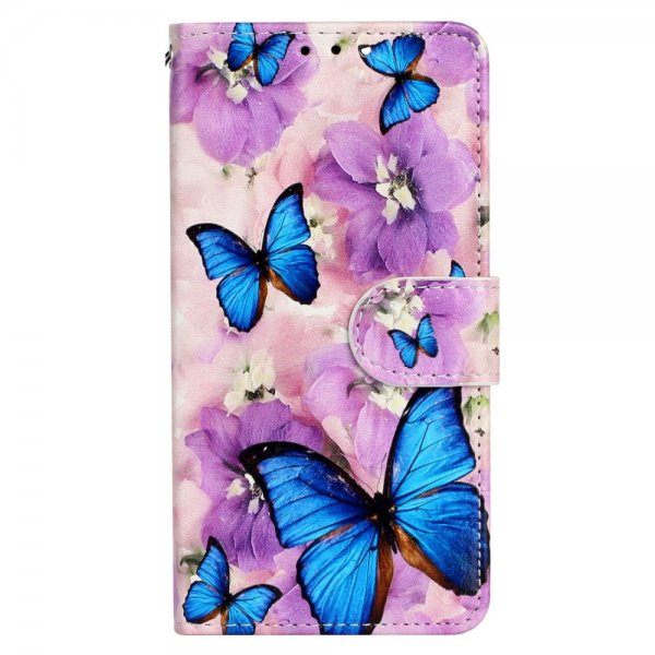iPhone 15 Pro Max Cover Motiv Lilla Blomster Blå Sommerfugle