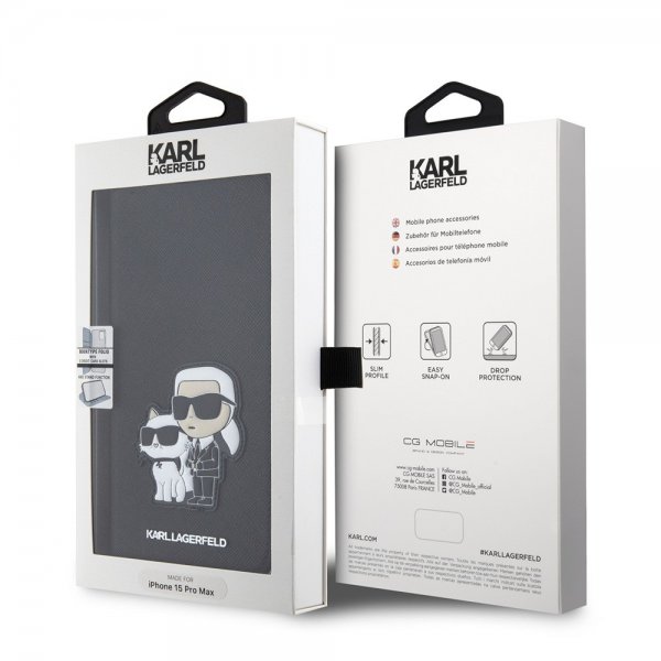 Karl Lagerfeld iPhone 15 Pro Max Cover NFT Karl & Choupette Patch Saffiano Sort