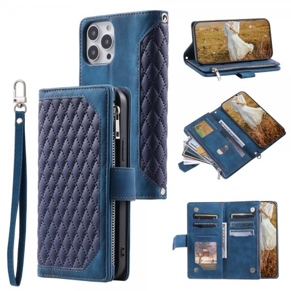 iPhone 15 Pro Max Etui Diamantmønster Lynlås Blå