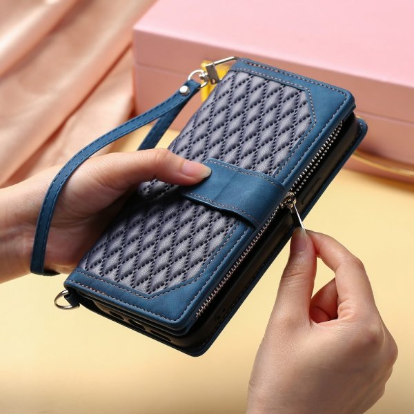 iPhone 15 Pro Max Etui Diamantmønster Lynlås Blå