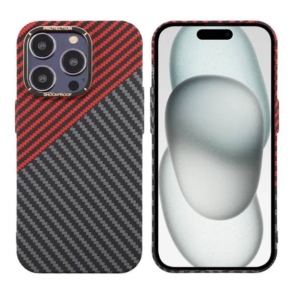 iPhone 15 Pro Max Cover Kulfibermønster Sort Rød