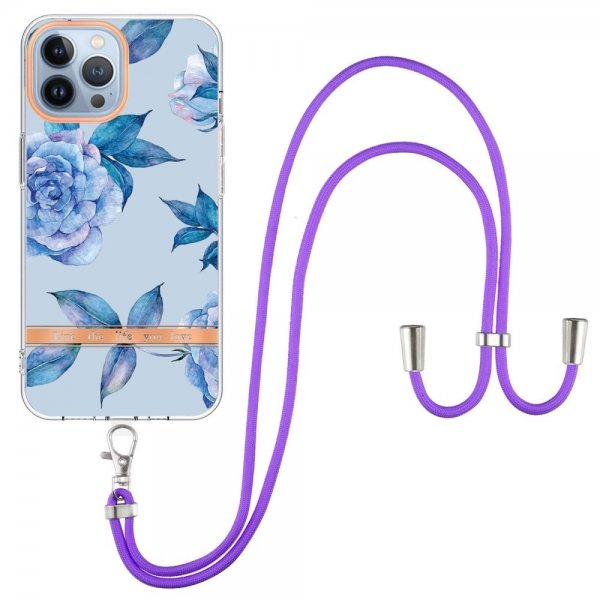 iPhone 15 Pro Max Cover Blomstret mønster med rem Blå Pæon