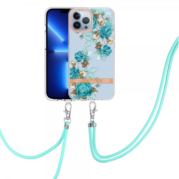 iPhone 15 Pro Max Cover Blomstermønster med Rem Blå Roser