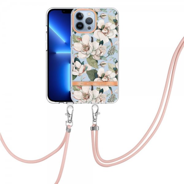 iPhone 15 Pro Max Cover Blomstermønster med Rem Grøn Gardenia
