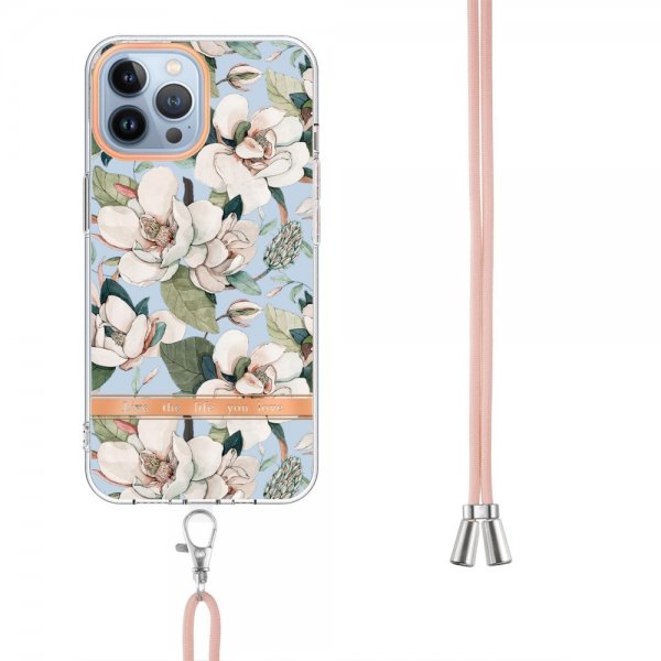 iPhone 15 Pro Max Cover Blomstermønster med Rem Grøn Gardenia