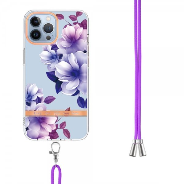 iPhone 15 Pro Max Cover Blomstermønster med Rem Lilla Begonia
