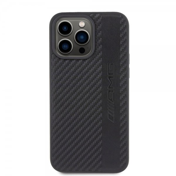 Mercedes Benz iPhone 15 Pro Max Cover Carbon Effect Leather Stripe AMG Sort