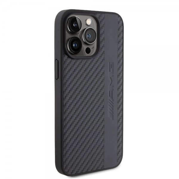 Mercedes Benz iPhone 15 Pro Max Cover Carbon Effect Leather Stripe AMG Sort