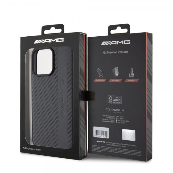 Mercedes Benz iPhone 15 Pro Max Cover Carbon Effect Leather Stripe AMG Sort