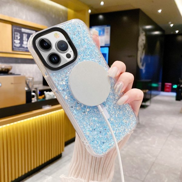 iPhone 15 Pro Max Cover Glitter MagSafe Blå