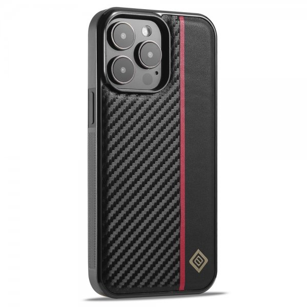 Lc.Imeeke iPhone 15 Pro Max Cover Kulfibertekstur Rød Stribe Sort