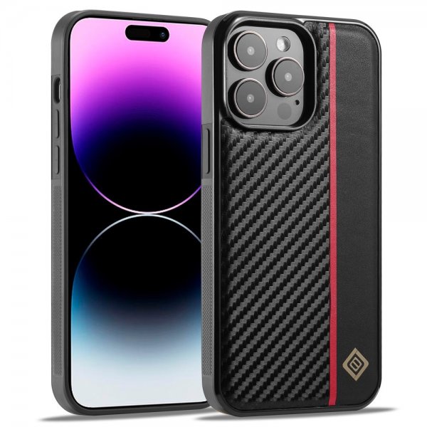 Lc.Imeeke iPhone 15 Pro Max Cover Kulfibertekstur Rød Stribe Sort