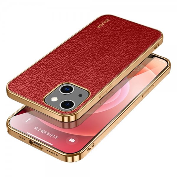 Sulada iPhone 15 Pro Max Cover Litchi-mønster Forgyldt Kant Rød