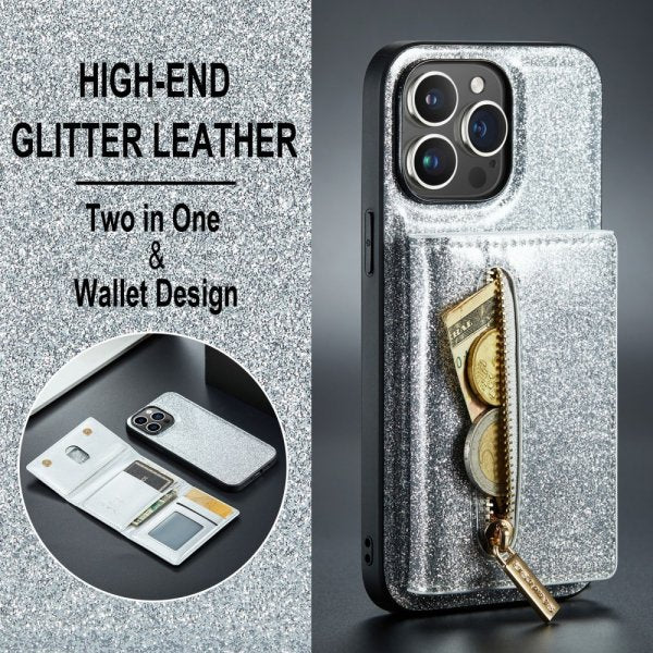 Dg.Ming iPhone 15 Pro Max Cover M3 Series Aftagelig Kortholder Glitter Sølv
