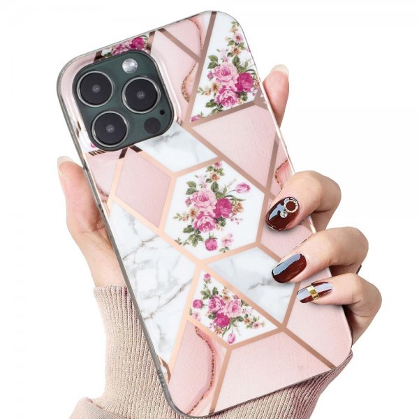 iPhone 15 Pro Max Cover Marmormønster Blomster Rosa