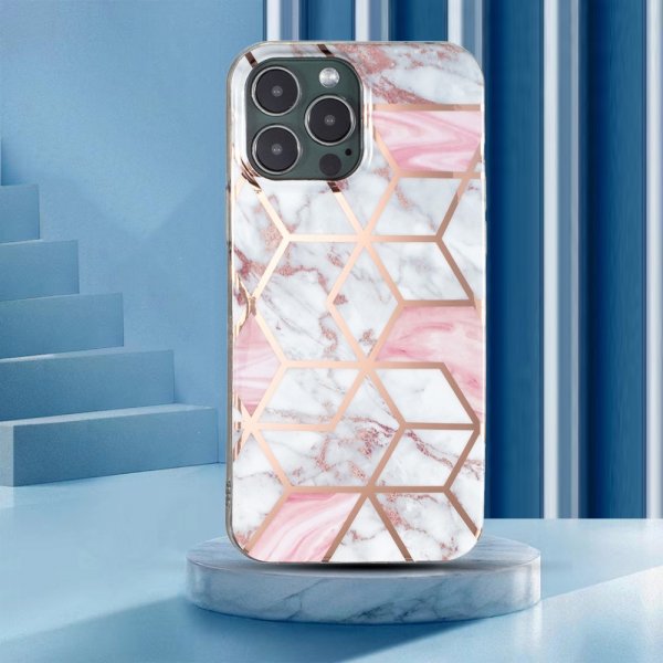 iPhone 15 Pro Max Cover Marmormønster Hvid Lyserød