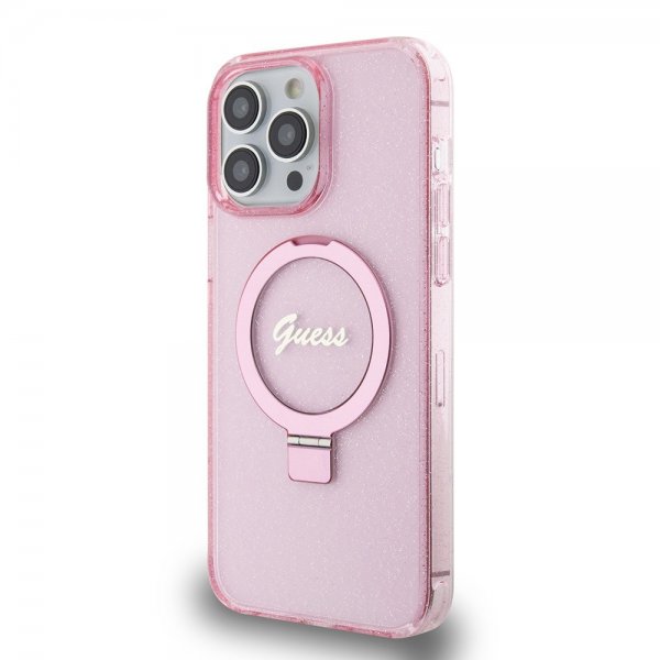 Guess iPhone 15 Pro Max Cover Ring Stand Glitter MagSafe Rosa
