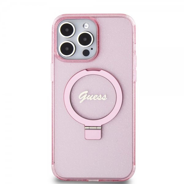 Guess iPhone 15 Pro Max Cover Ring Stand Glitter MagSafe Rosa