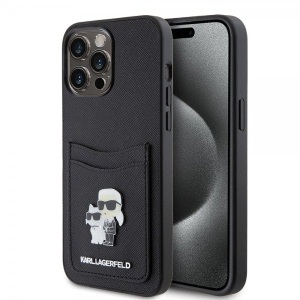 Karl Lagerfeld iPhone 15 Pro Max Cover Saffiano Double Cardslot Sort