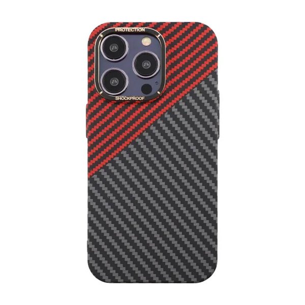iPhone 15 Pro Cover Kulfibermønster Sort Rød