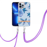 iPhone 15 Pro Cover Blomstermønster med Rem Blå Pæon
