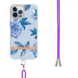 iPhone 15 Pro Cover Blomstermønster med Rem Blå Pæon