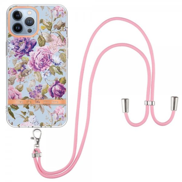 iPhone 15 Pro Cover Blomstermønster med Rem Lilla Pæon