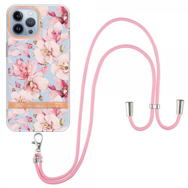 iPhone 15 Pro Cover Blomstermønster med Rem Rosa Gardenia