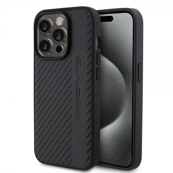 Mercedes Benz iPhone 15 Pro Cover Carbon Effect Leather Stripe AMG Sort