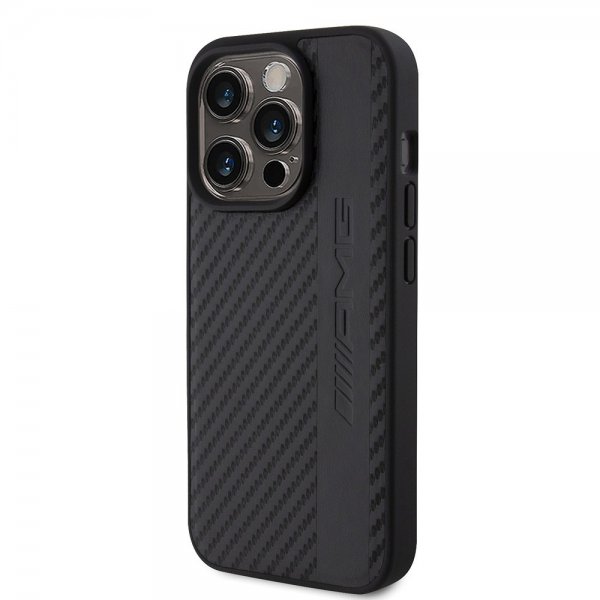 Mercedes Benz iPhone 15 Pro Cover Carbon Effect Leather Stripe AMG Sort