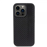Mercedes Benz iPhone 15 Pro Cover Carbon Effect Leather Stripe AMG Sort