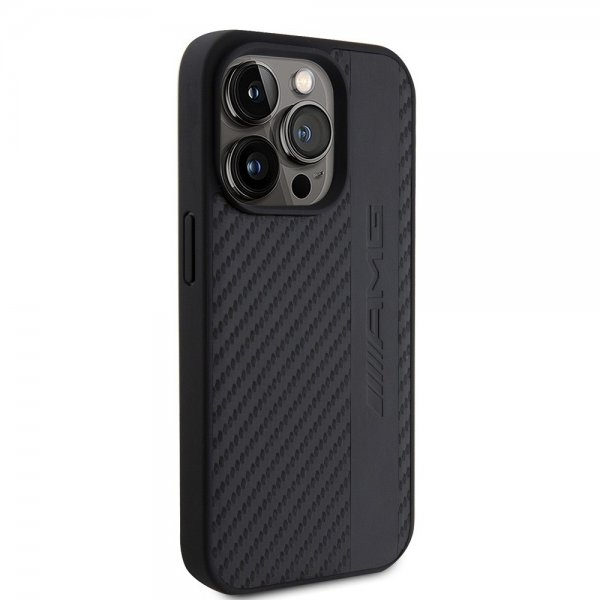 Mercedes Benz iPhone 15 Pro Cover Carbon Effect Leather Stripe AMG Sort