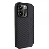 Mercedes Benz iPhone 15 Pro Cover Carbon Effect Leather Stripe AMG Sort