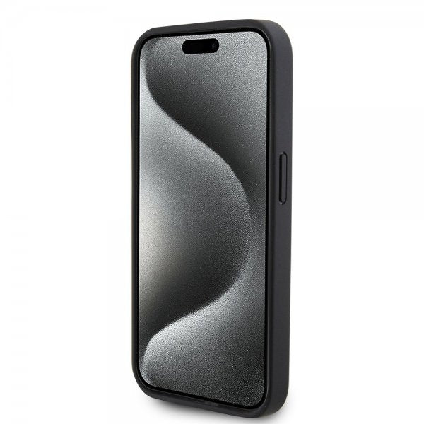 Mercedes Benz iPhone 15 Pro Cover Carbon Effect Leather Stripe AMG Sort