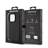 Mercedes Benz iPhone 15 Pro Cover Carbon Effect Leather Stripe AMG Sort