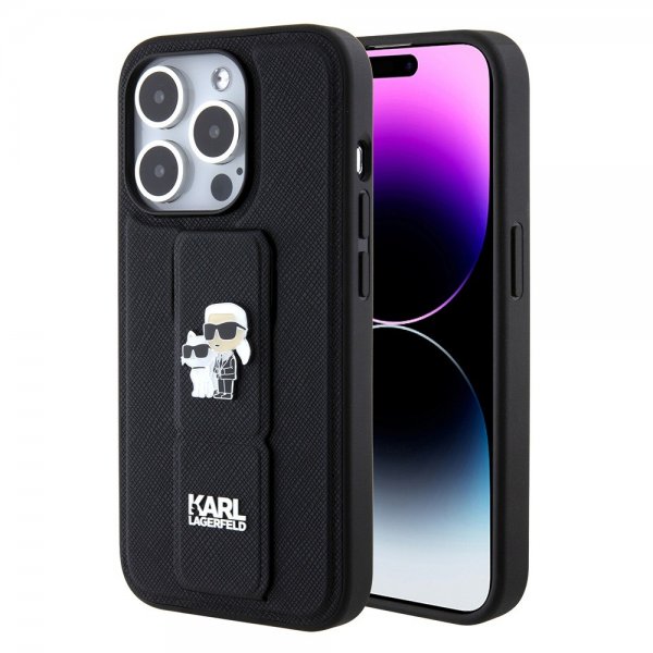 Karl Lagerfeld iPhone 15 Pro Cover Grip Stand Funktion Sort