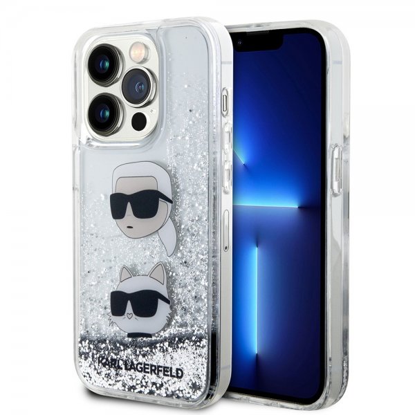 Karl Lagerfeld iPhone 15 Pro Cover Liquid Glitter Karl & Choupette Sølv