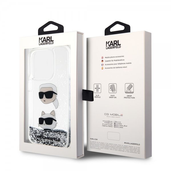 Karl Lagerfeld iPhone 15 Pro Cover Liquid Glitter Karl & Choupette Sølv