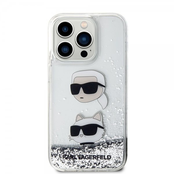 Karl Lagerfeld iPhone 15 Pro Cover Liquid Glitter Karl & Choupette Sølv