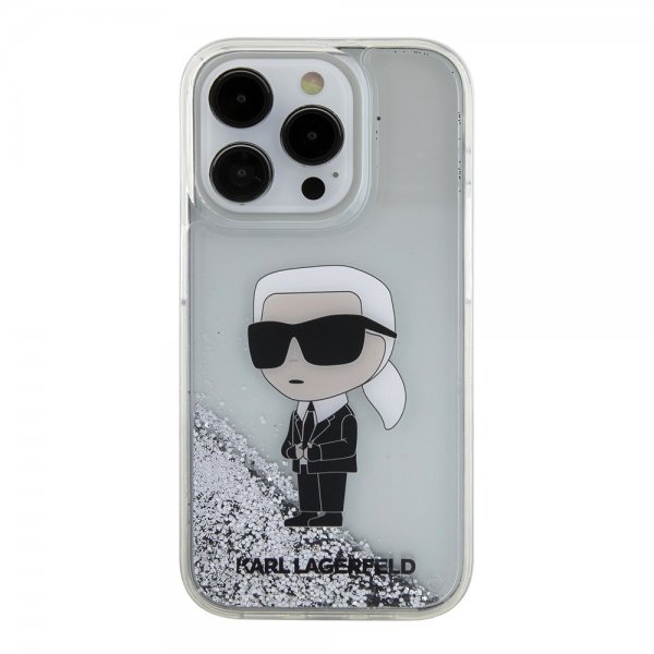 Karl Lagerfeld iPhone 15 Pro Cover Liquid Glitter NFT Karl Silver