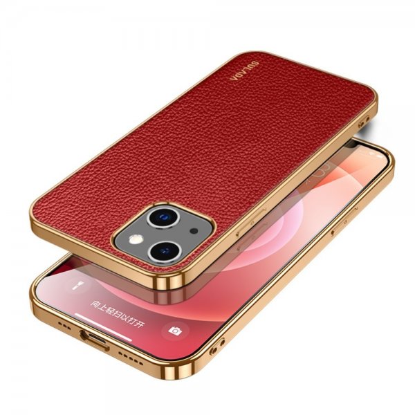 Sulada iPhone 15 Pro Cover Litchi-mønster Forgyldt Kant Rød