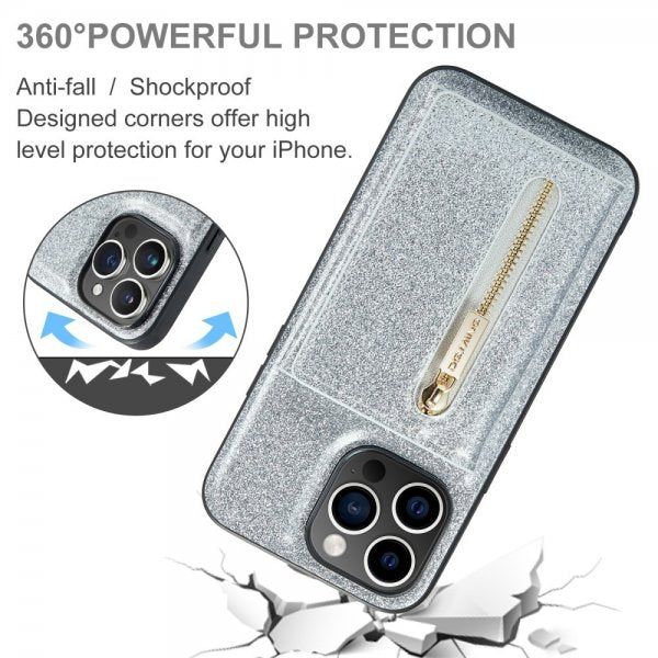 Dg.Ming iPhone 15 Pro Cover M3 Serie Aftagelig Kortholder Glitter Sølv