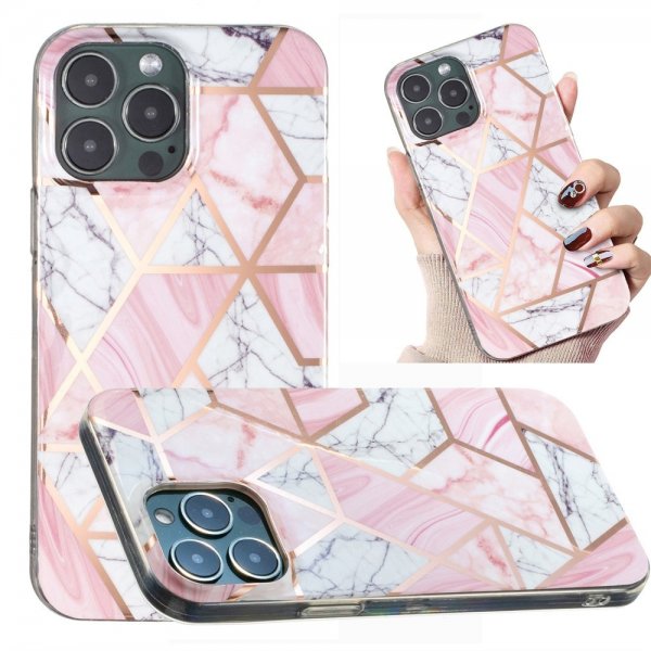 iPhone 15 Pro Cover Marmormønster Hvid Rosa