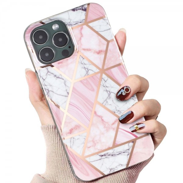 iPhone 15 Pro Cover Marmormønster Hvid Rosa