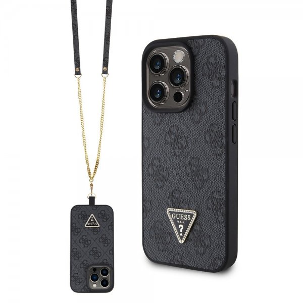 Guess iPhone 15 Pro Cover Metal Logo Rhinestone Crossbody Strap Sort