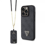 Guess iPhone 15 Pro Cover Metal Logo Rhinestone Crossbody Strap Sort