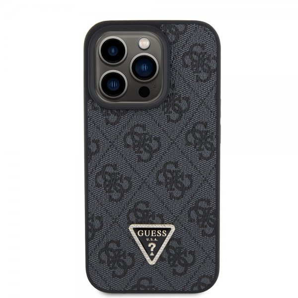 Guess iPhone 15 Pro Cover Metal Logo Rhinestone Crossbody Strap Sort