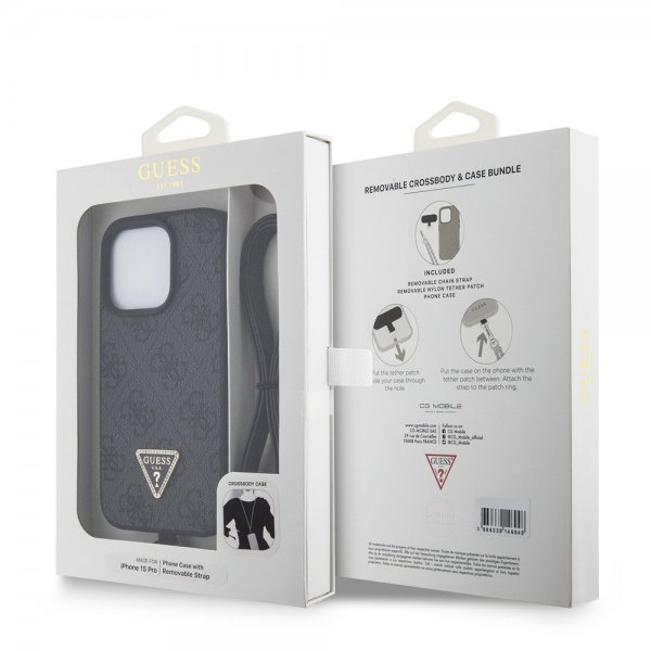 Guess iPhone 15 Pro Cover Metal Logo Rhinestone Crossbody Strap Sort